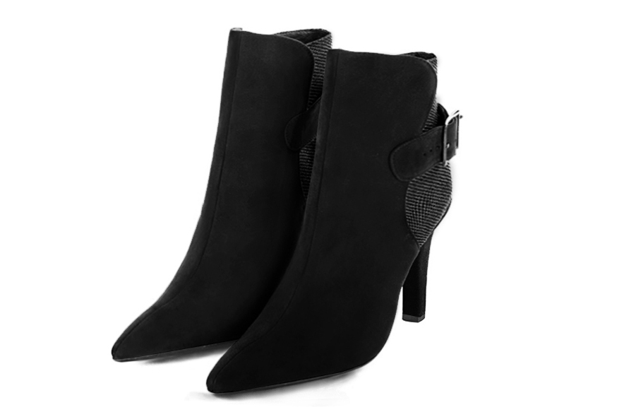 Matt black women's ankle boots with buckles at the back. Tapered toe. Very high slim heel. Front view - Florence KOOIJMAN